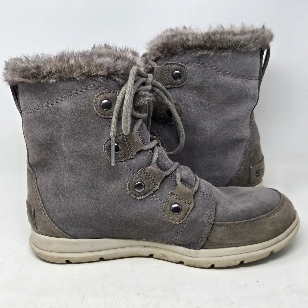 Sorel Explorer Joan Waterproof Winter Boots‎ Grey Suede Faux Fur NL3039-052 Sz 9